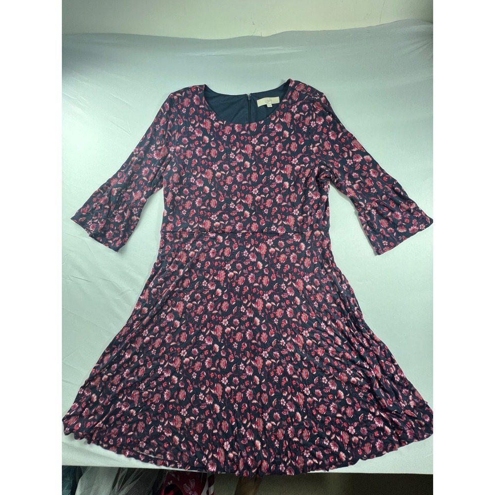 Loft Floral Bell Sleeve Fit and Flare Dress Navy Pink XXL 3/4 Sleeve Mini